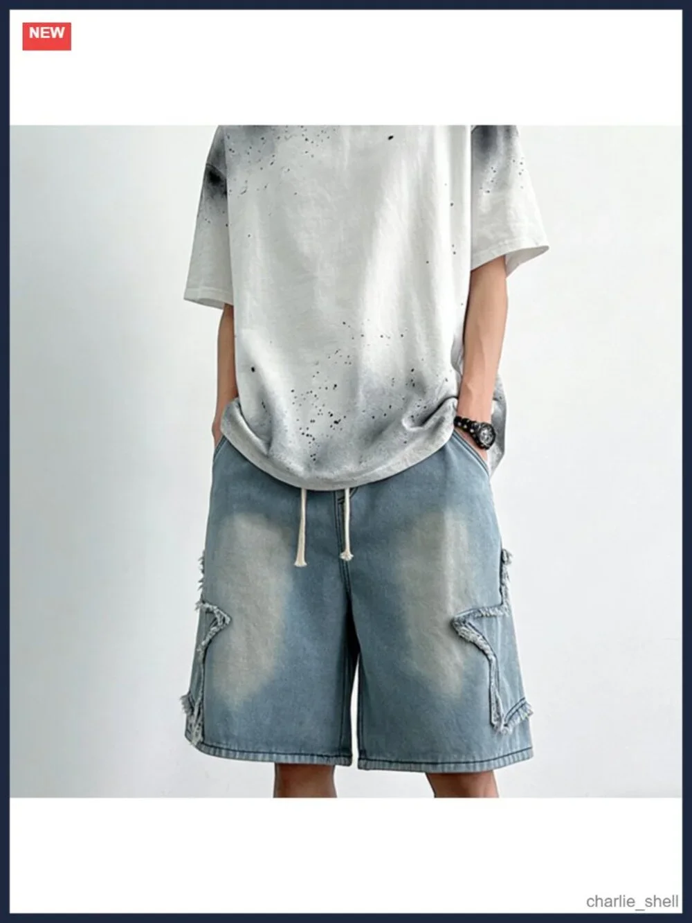 Baggy Y2k Star Patchwork Denim Shorts Wide Leg Loose Hip-hop Jorts